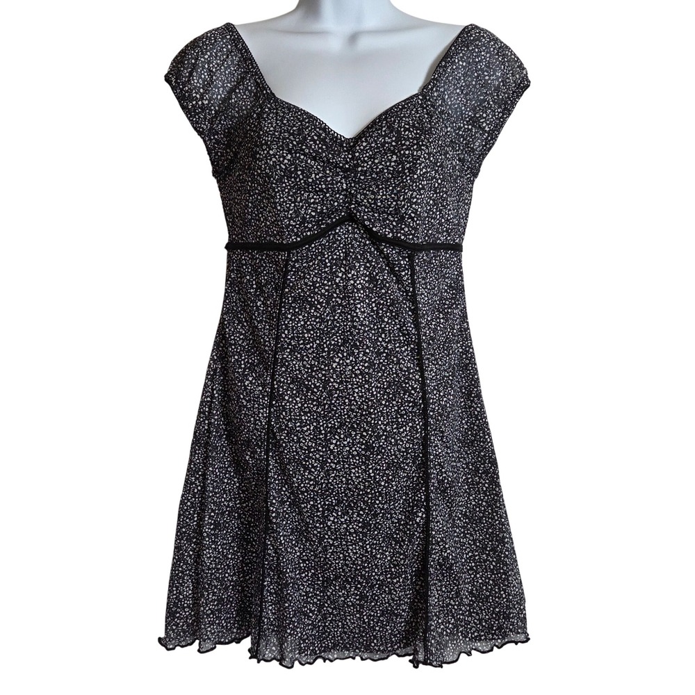 Coquette Black White Ditsy Floral Sheer Mini Dress Medium Milkmaid Lettuce Hem